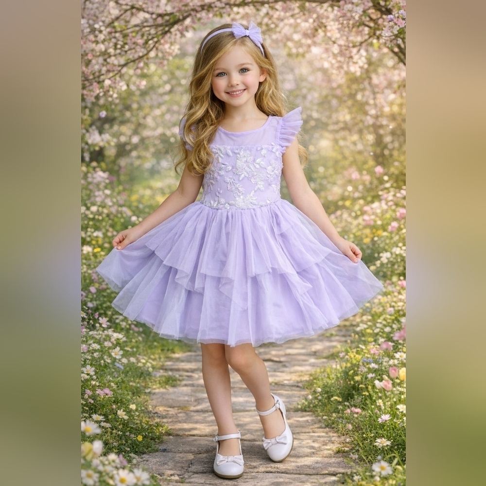 Zenzi Lilac Layered Tulle Sequin Floral Dress